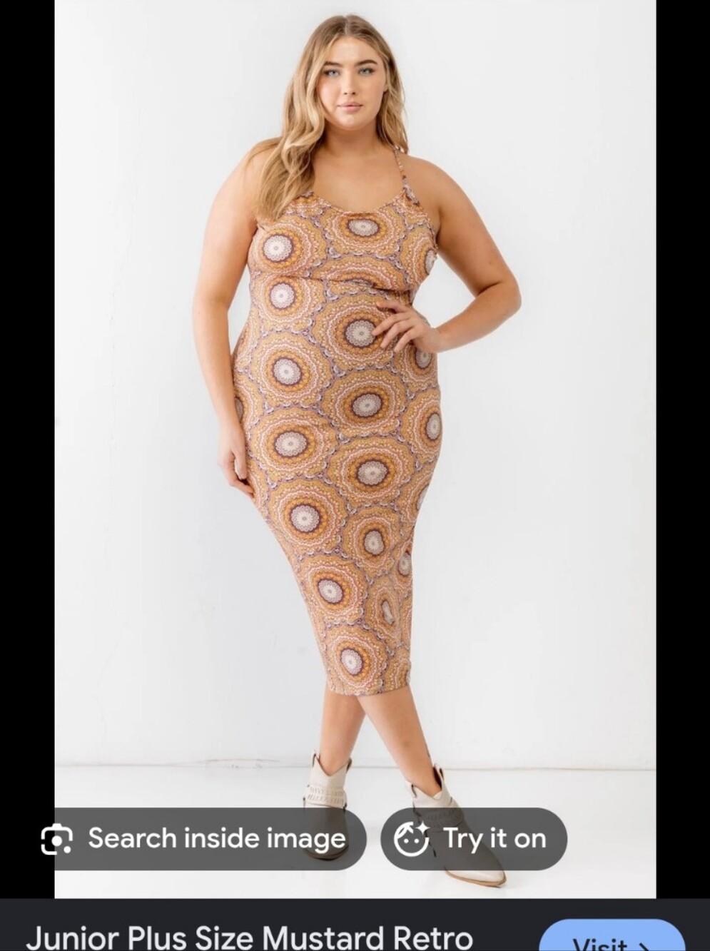 Junior Plus Size Mustard Retro Abstract Print Sleeveless Midi Dress